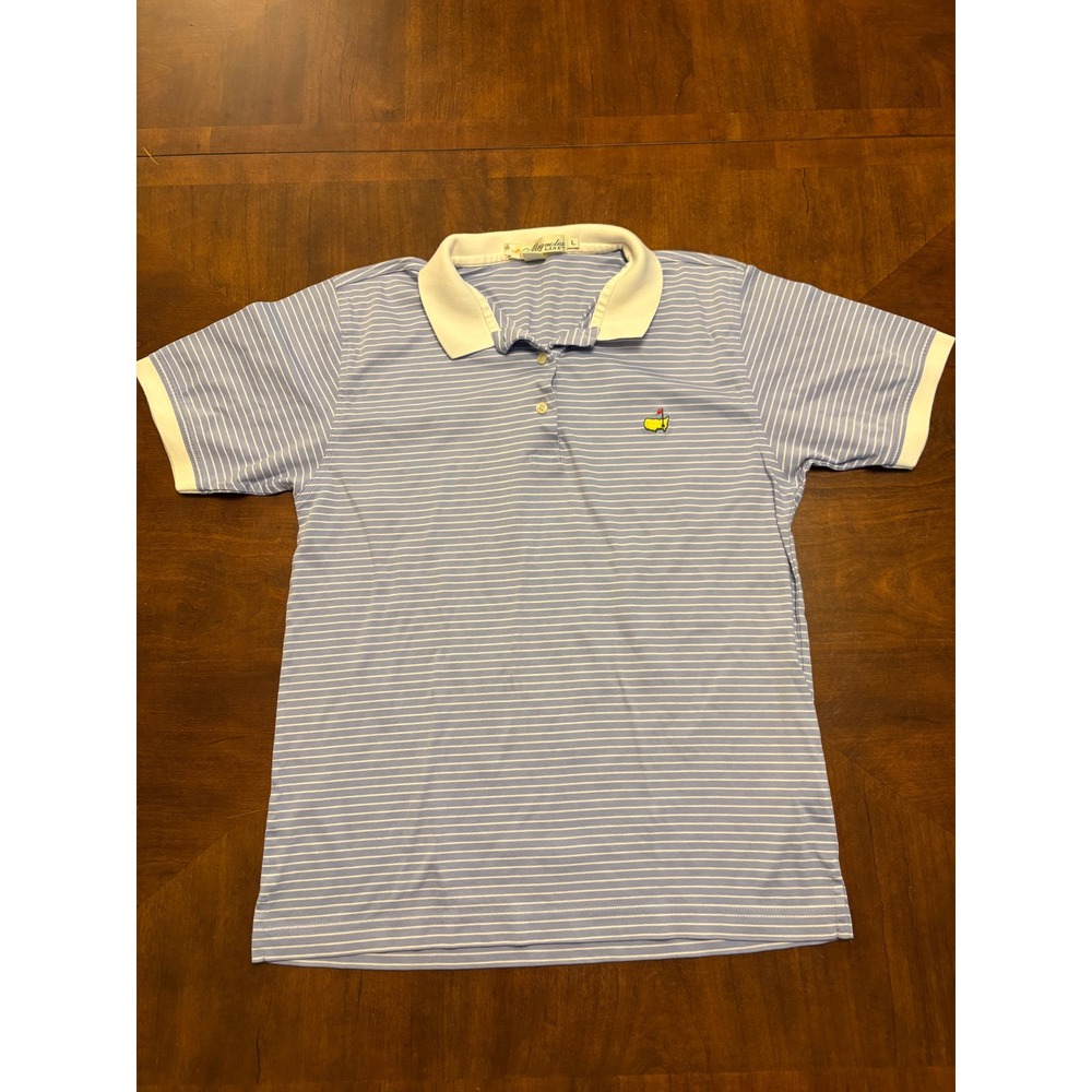 Magnolia Lane Polo Shirt Mens Large Blue Striped Masters Golf Logo Cotton 0268